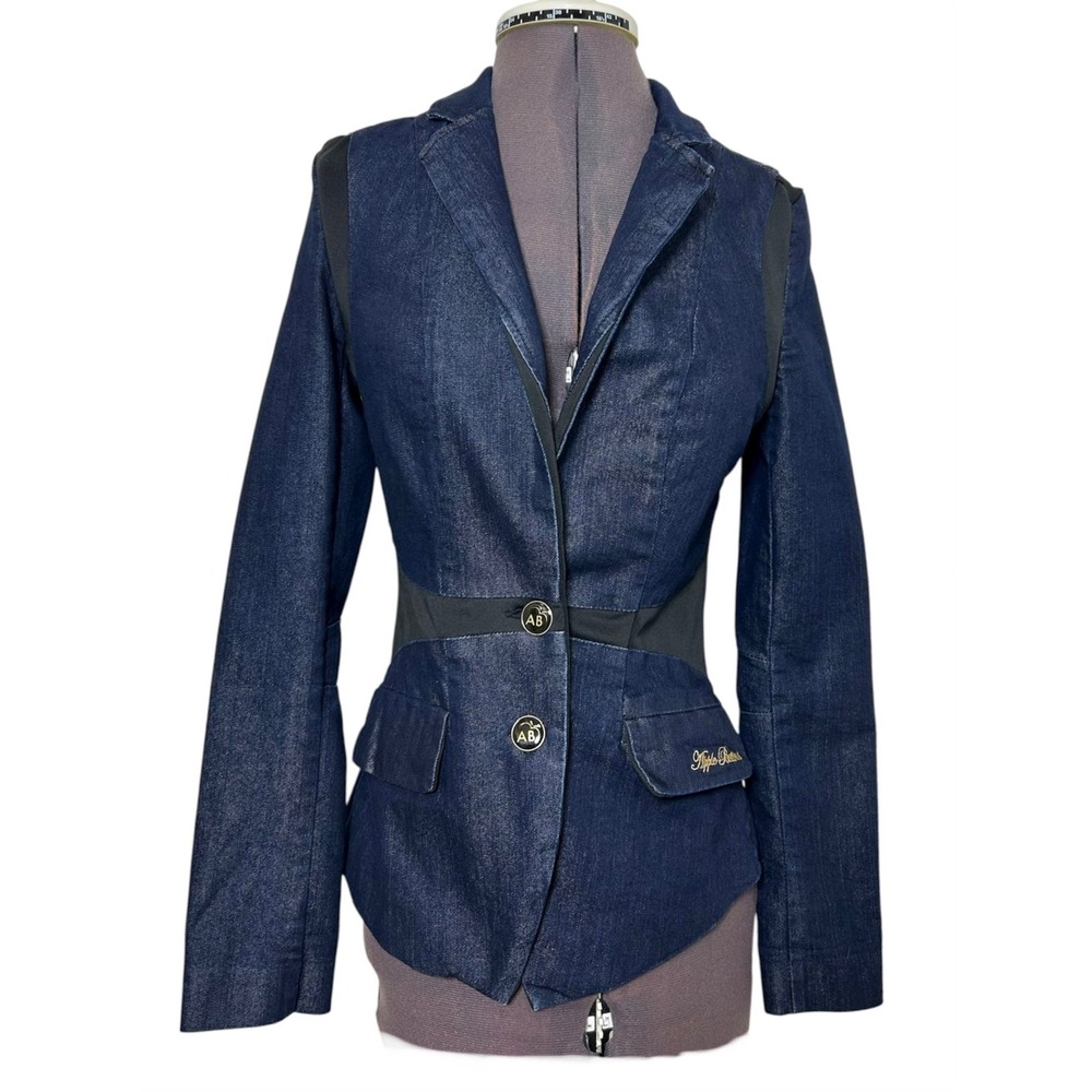 Apple Bottoms Denim & Black Inserts Notch Lapel Button Stretch Blazer Jacket S